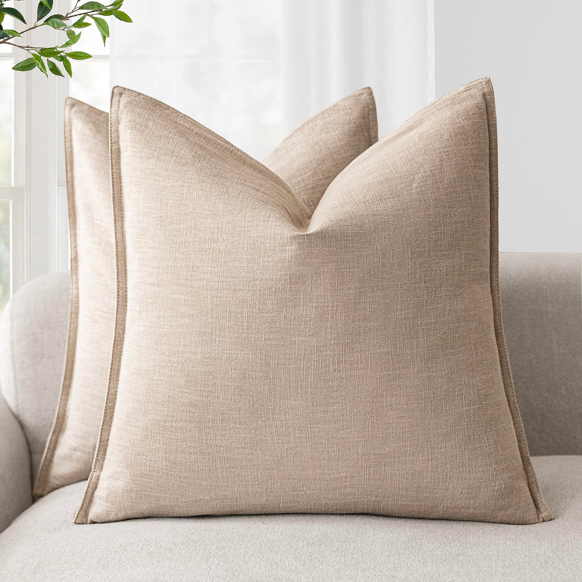 Foindtower Linen Solid Decorative Throw Pillow Covers 20x20 Natural Beige