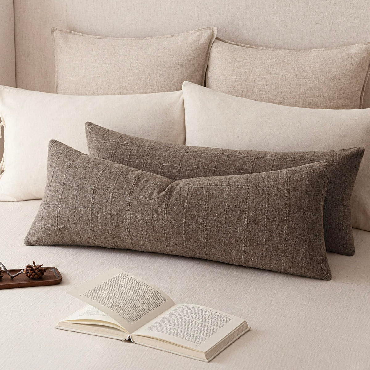 Foindtower Boho Linen Check Decorative Throw Pillow Cover 20×20 Olive Green
