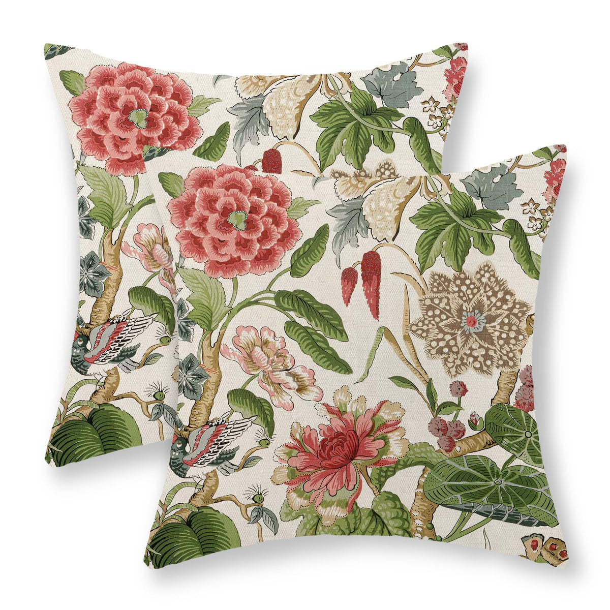 Chinoiserie Pillow Covers 18x18 Set of 2 Blue Green Bird Floral Throw Pillows Vintage Blue Flowers Decorations Outdoor Pillowcase Chinoiserie Decor Farmhouse Linen Cushion Case for Couch Home