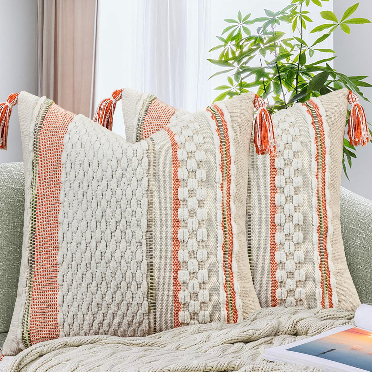 AmHoo Set of 2 Chenille Striped Textured Boho Throw Pillow Covers Aesthetic with Tassels Woven Decorative Pillow Case for Couch Bed Sofa Bedroom Modern Funky 18 x 18-Inch Brown