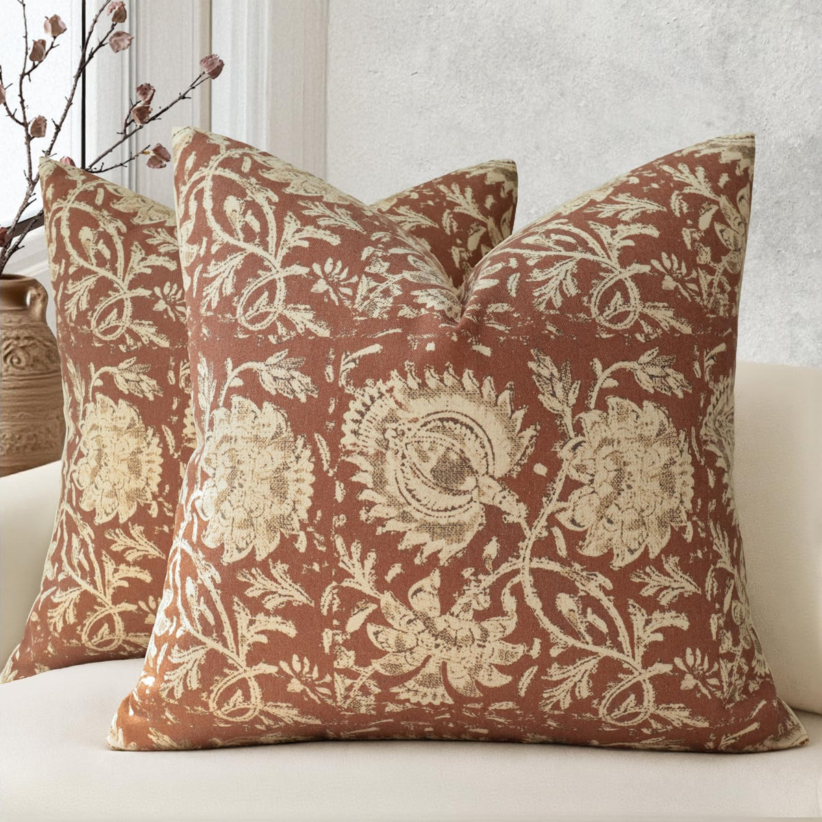 Vintage Floral Print Throw Pillow Covers 20x20 Set of 2 Neutral Modern Farmhouse Pillowcase Accent Decorative Cushion Covers Boho Home Decor for Couch Sofa Chair Bed Living Room, Olive Green