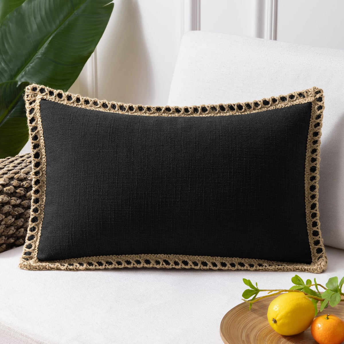 Phantoscope Pack of 2 Farmhouse Decorative Solid Throw Decorative Pillow Cover Burlap Linen Trimmed Tailored Edges Navy Blue 18 x 18 inches, 45 x 45 cm
