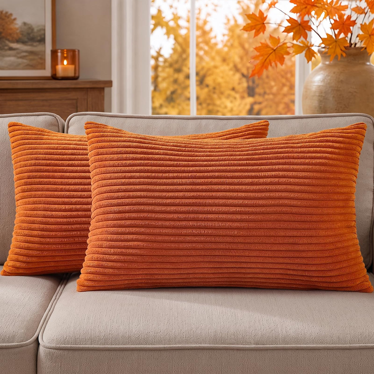 Mecatny Corduroy Fall Decorative Throw Pillow Covers 18x18 Set of 2 Khaki
