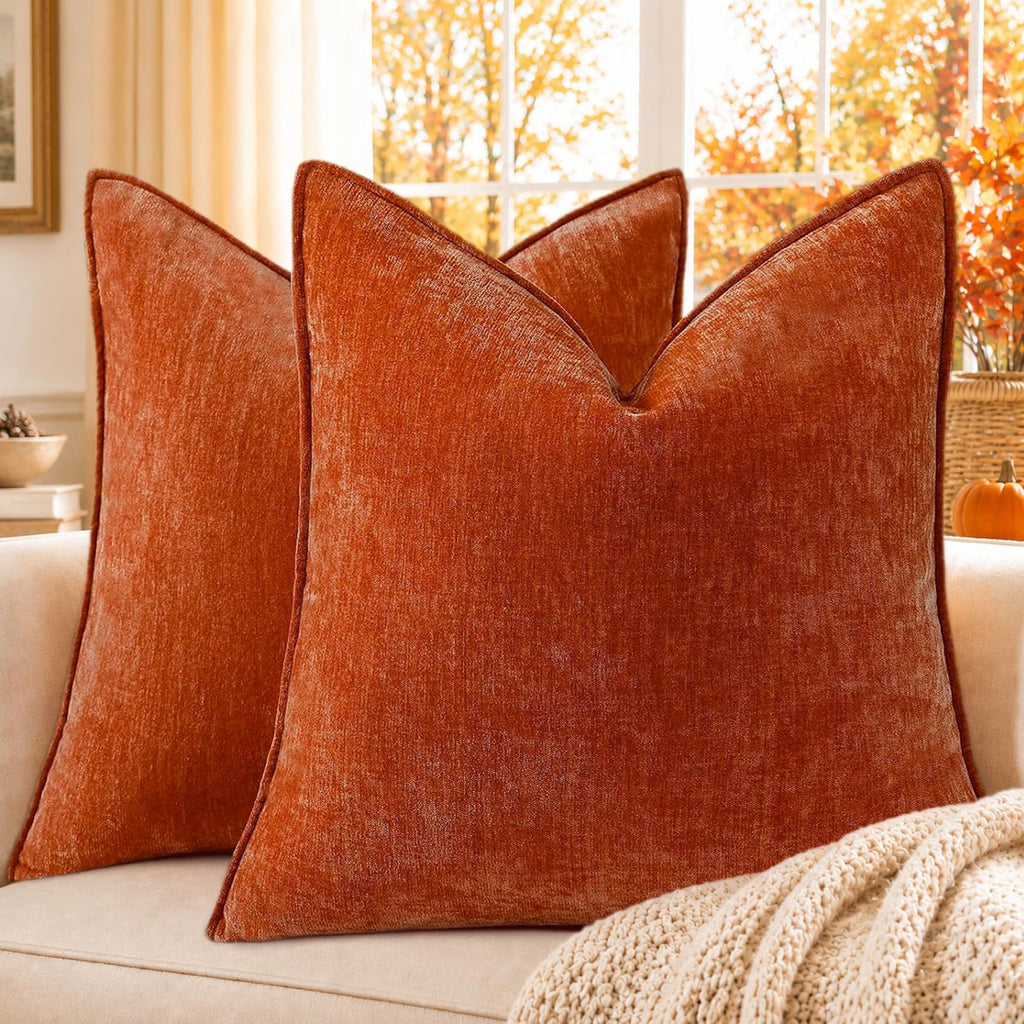 decorUhome Chenille Beige Velvet Throw Pillow Covers 18x18 Set of 2