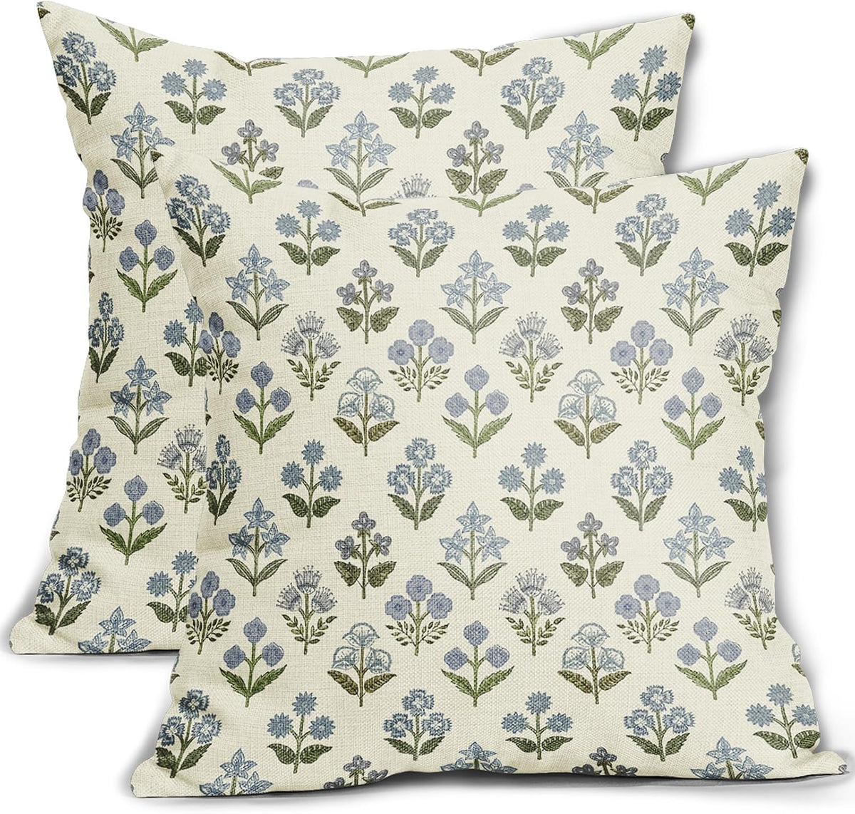 Blue Green Block Print Pillow Covers 18x18 Inch Set of 2, Vintage Floral Spring Decorative Throw Pillow Cases Boho Cushion Covers Rustic Decoration Gift Farmhouse Sofa Couch Bed Decor