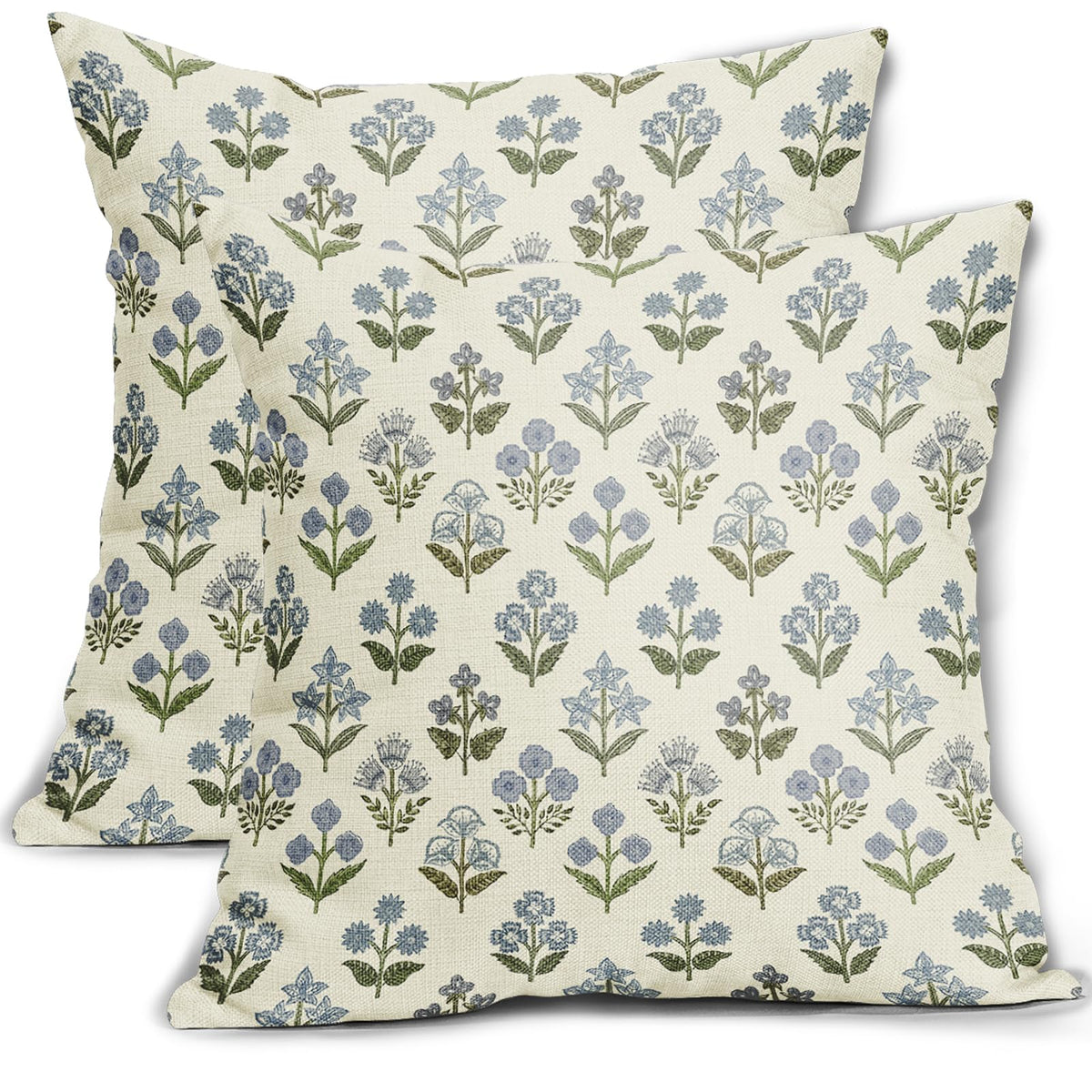 Blue Green Block Print Pillow Covers 18x18 Inch Set of 2, Vintage Floral Spring Decorative Throw Pillow Cases Boho Cushion Covers Rustic Decoration Gift Farmhouse Sofa Couch Bed Decor