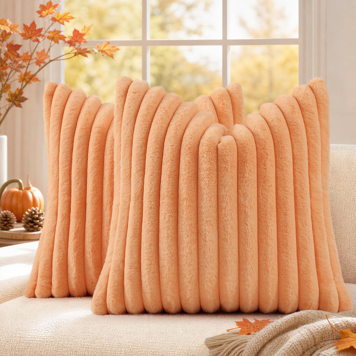 decorUhome Fall Faux Fur Throw Pillow Covers 18x18 Set of 2 Rust