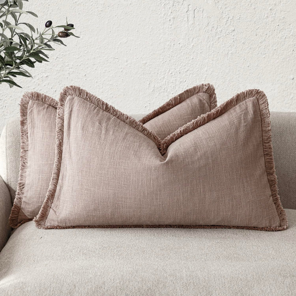 Foindtower Decorative Linen Fringe Throw Pillow Covers 18×18 Olive Green