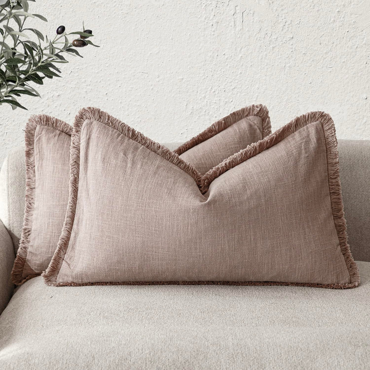 Foindtower Decorative Linen Fringe Throw Pillow Covers 18×18 Olive Green