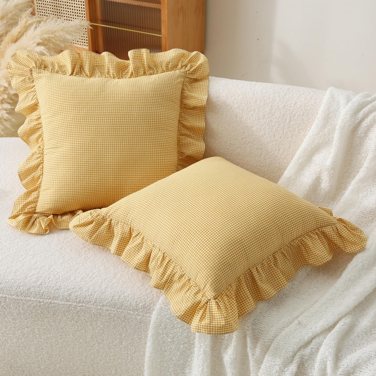 Gingham Throw Pillow Covers 18x18, Warm Taupe/White, Ruffle Trim