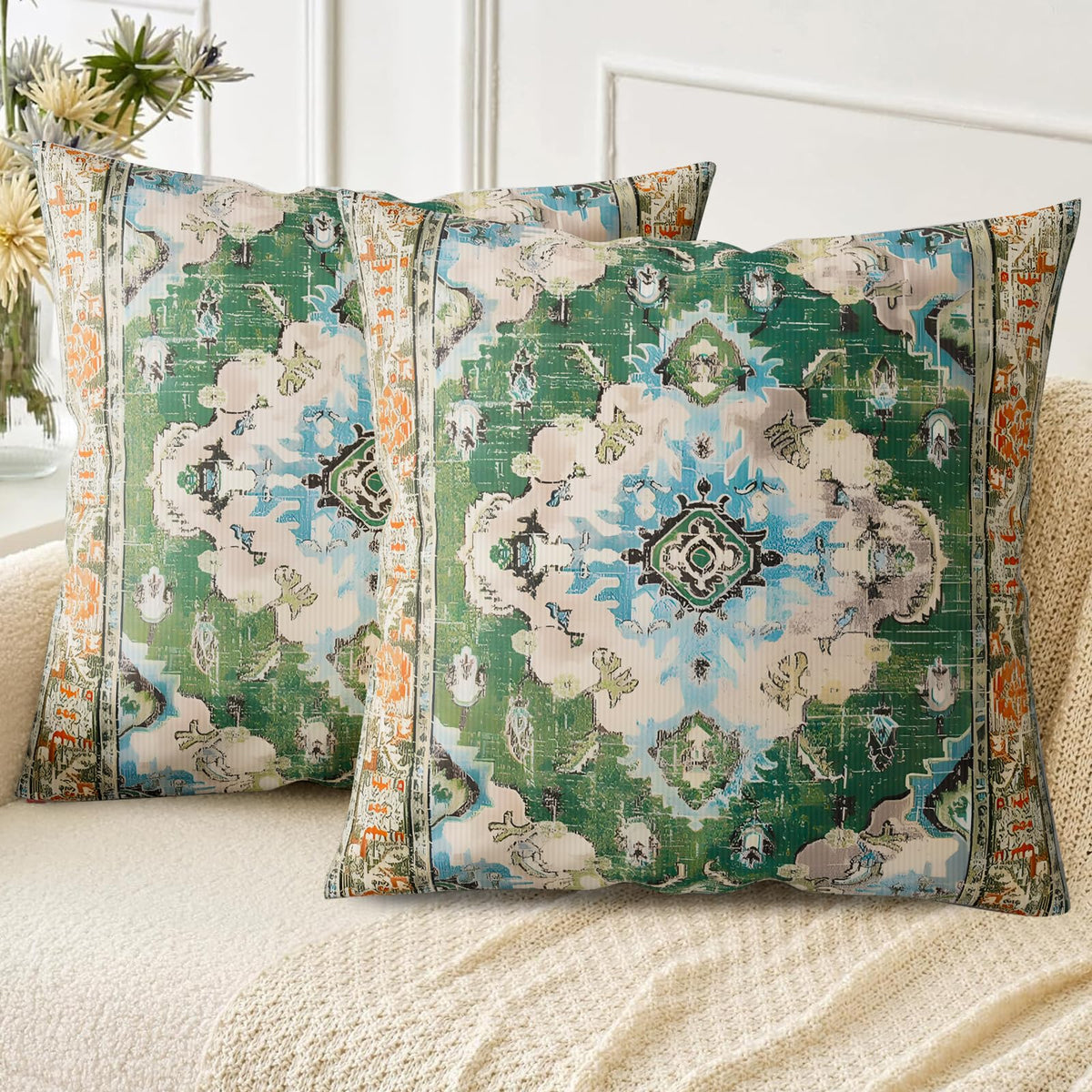 Boho Throw Pillow Covers 18x18 inch Set of 2,Soft Pillowcases Bohemia Carpet Printing Pattern Decorative Sofa Living Room Bed Square Pillow Case Cushion Cover-Cream Color
