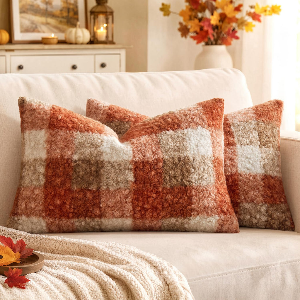 MIULEE Fall Plaid Pillow Covers Boucle Khaki White 18x18 Set of 2