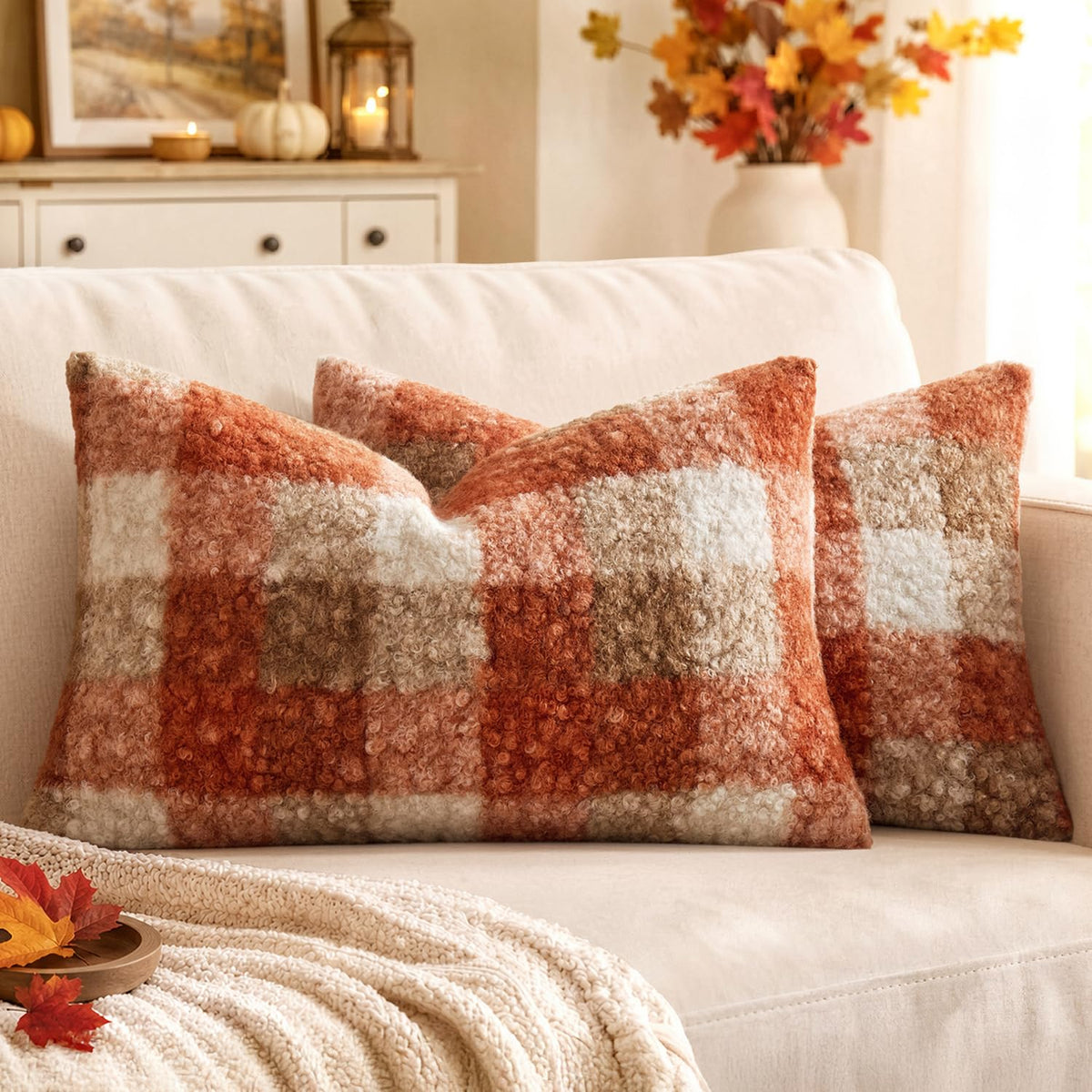 MIULEE Fall Plaid Pillow Covers Boucle Khaki White 18x18 Set of 2