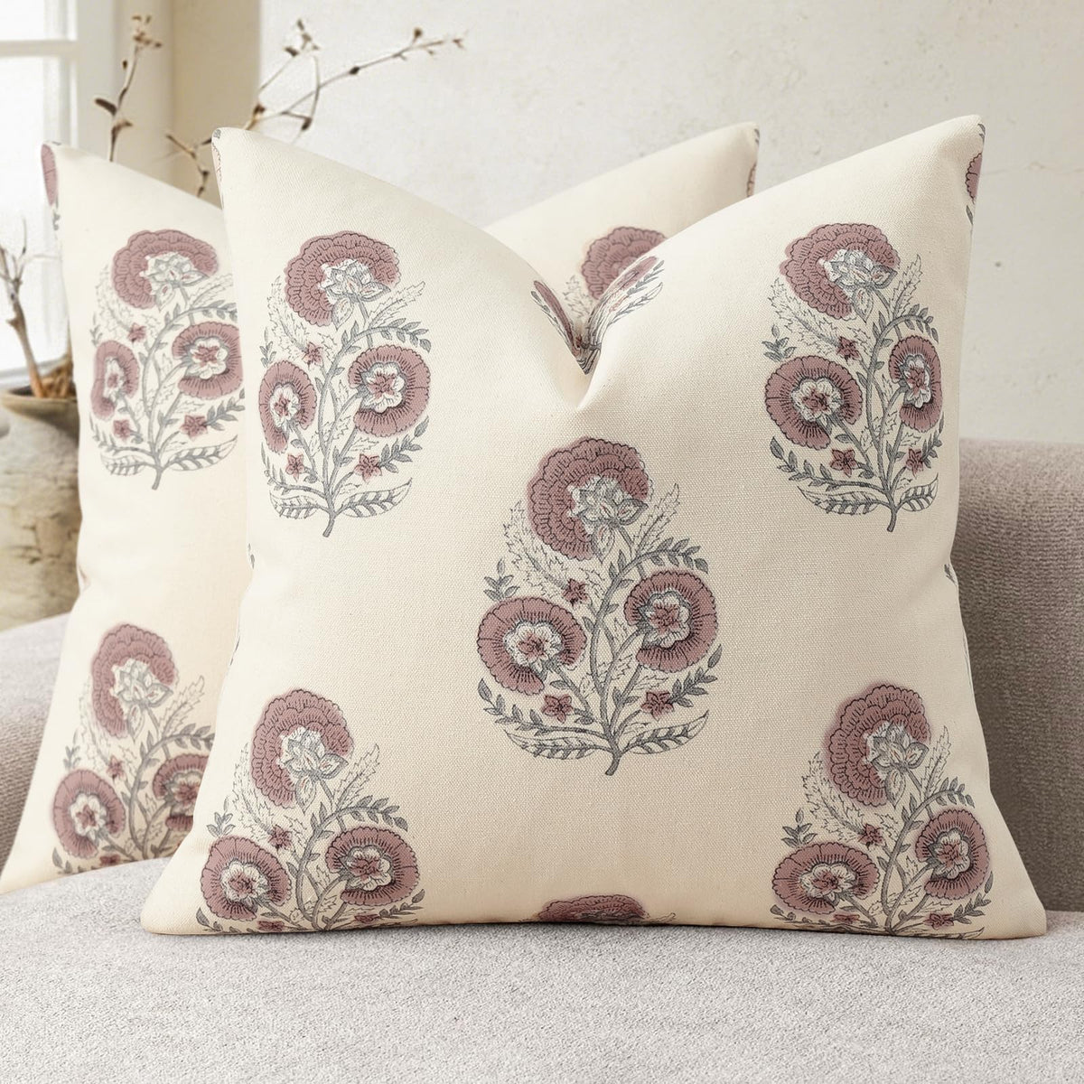 Vintage Floral Print Fall Pillow Covers 20x20 Set of 2 Patterned Accent Decorative Cushion Covers Modern Farmhouse Throw Pillow Covers for Sofa Couch Chair Bed Living Room Home Decor, Light Brown