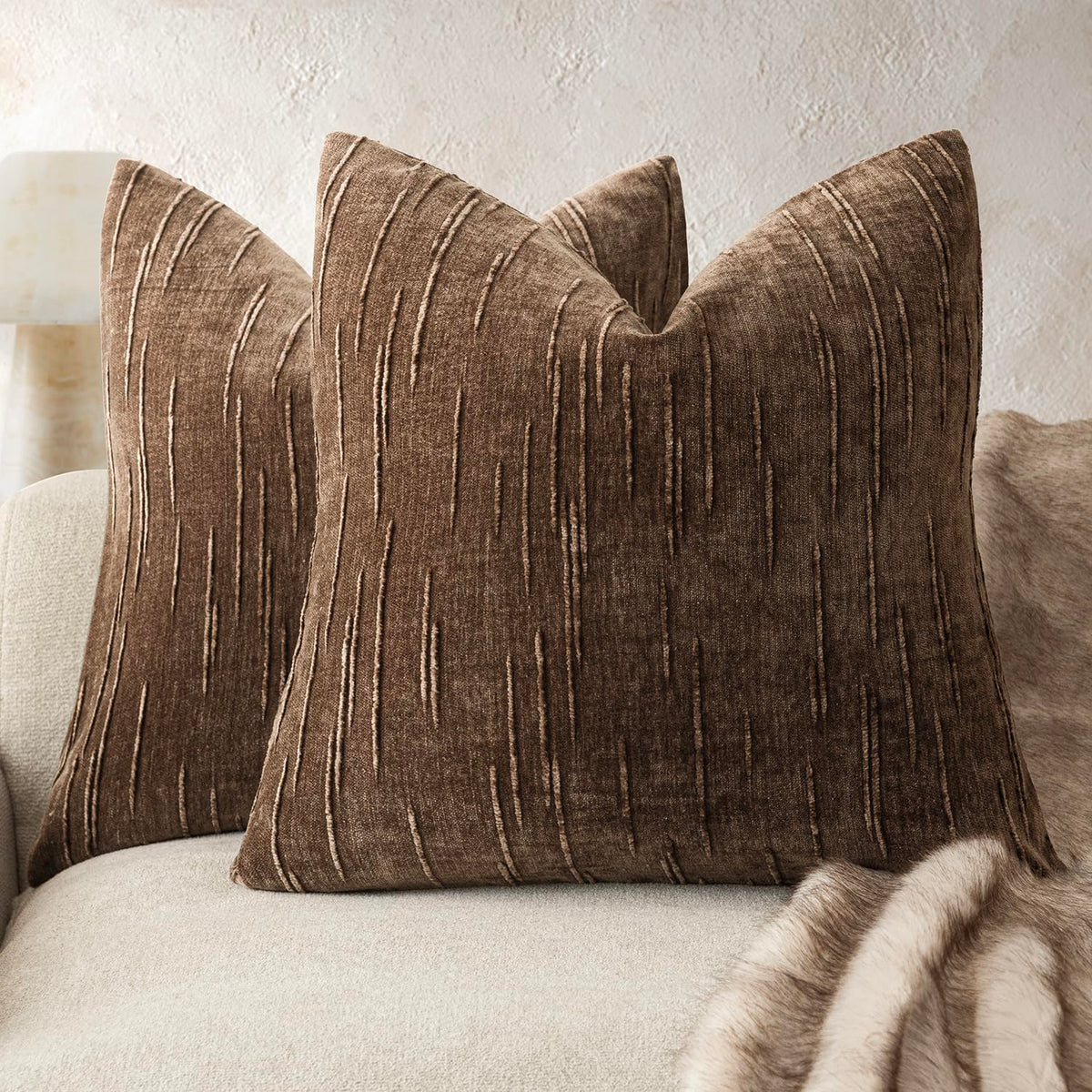 Foindtower Pack of 2 Slubby Textured Chenille Throw Decorative Pillow Covers Square Accent Solid Cushion Cover Neutral Farmhouse Pillow Case for Sofa Bedroom Living Room 18x18 Inch,Dark Olive Green