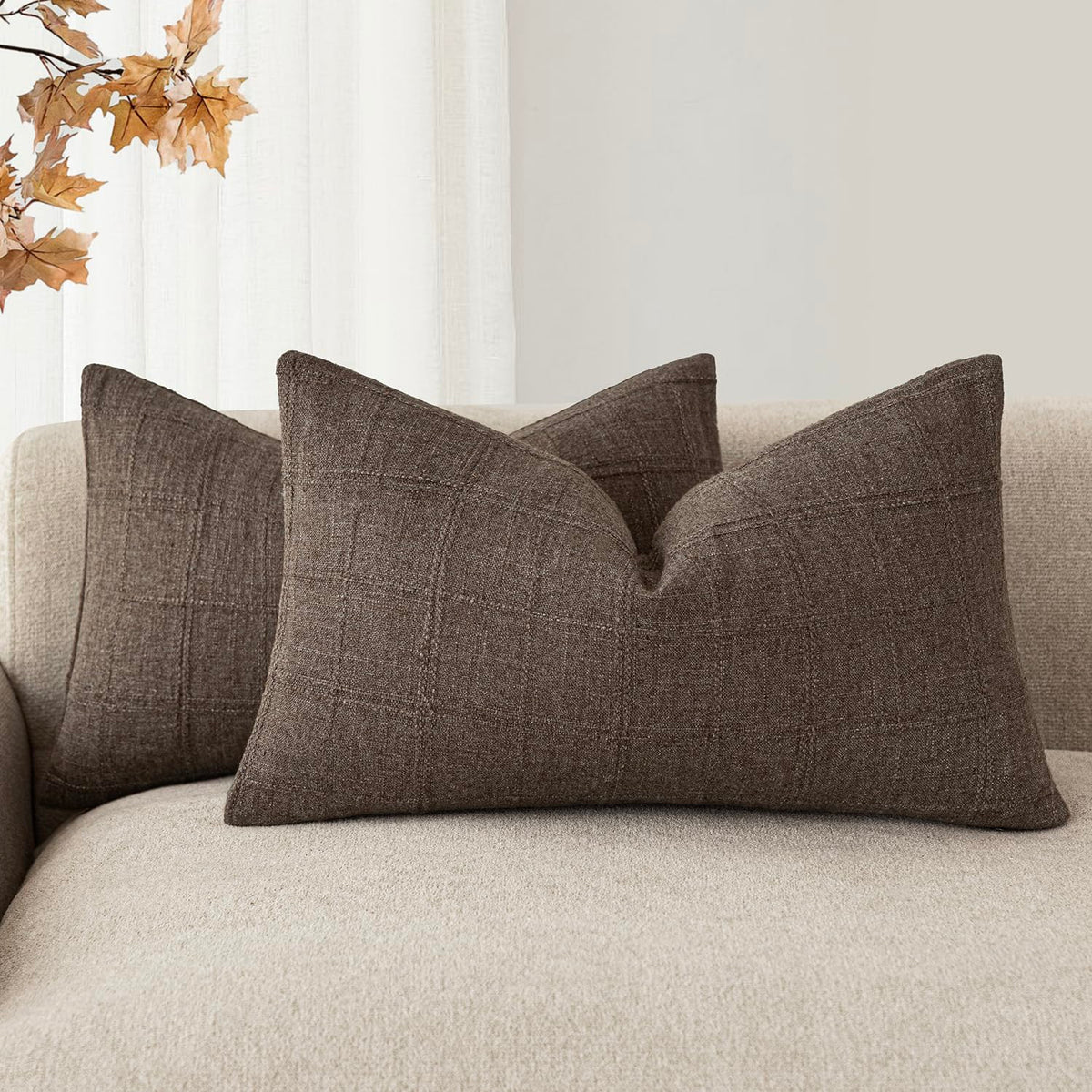 Foindtower Boho Linen Check Decorative Throw Pillow Cover 20×20 Olive Green