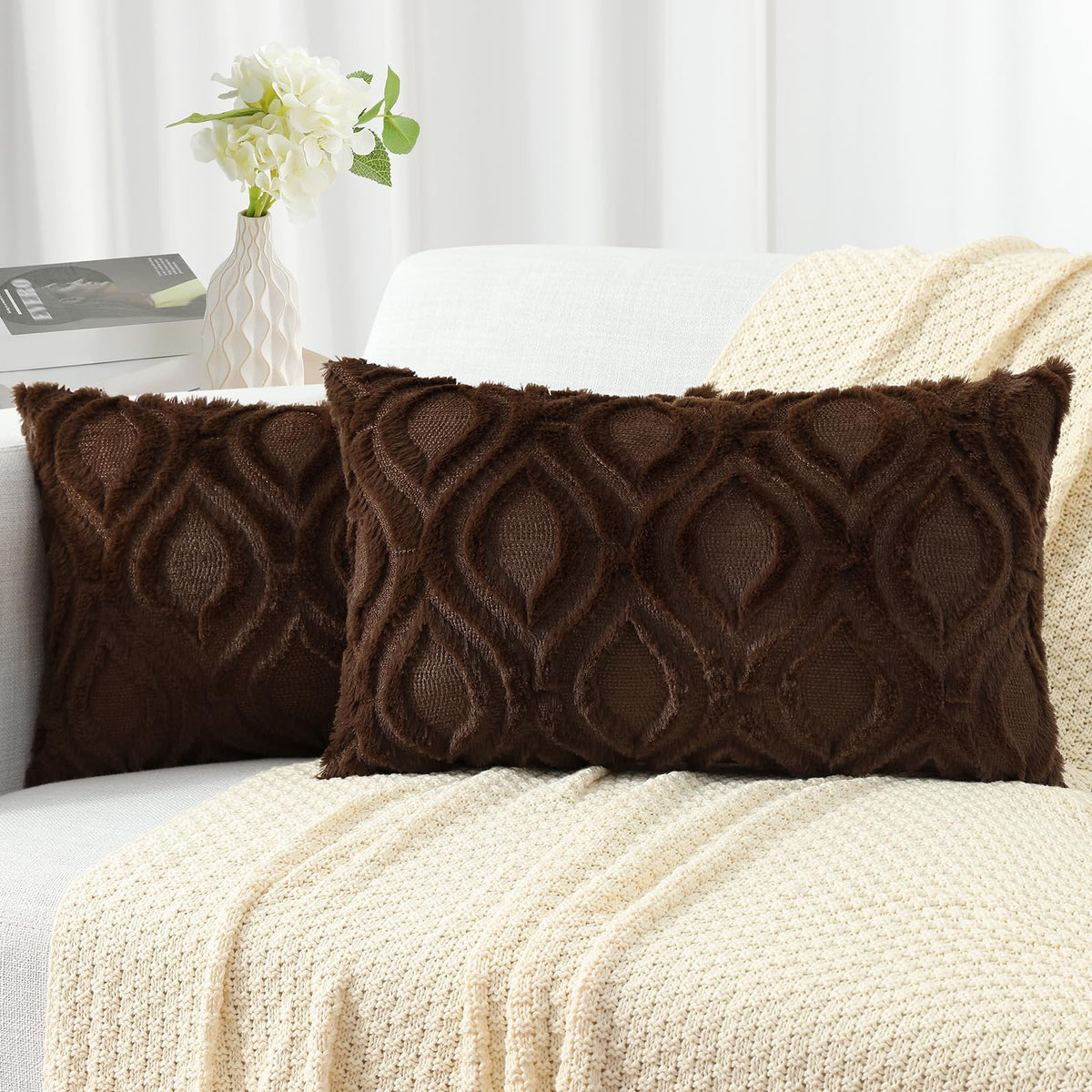 decorUhome Faux Fur Plush Soft Beige Throw Pillow Covers 18x18 Set of 2