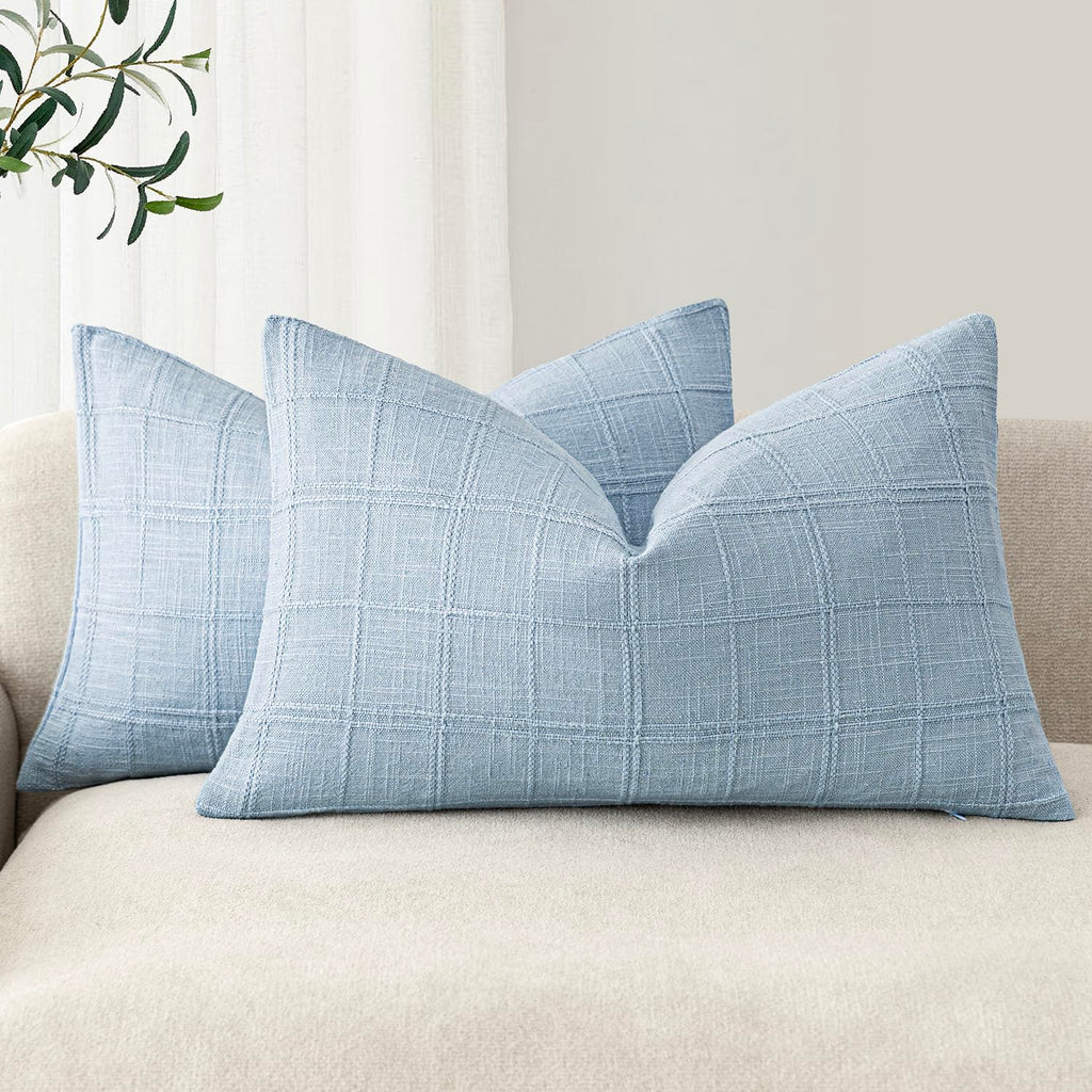 Foindtower Boho Linen Check Decorative Throw Pillow Cover 20×20 Olive Green