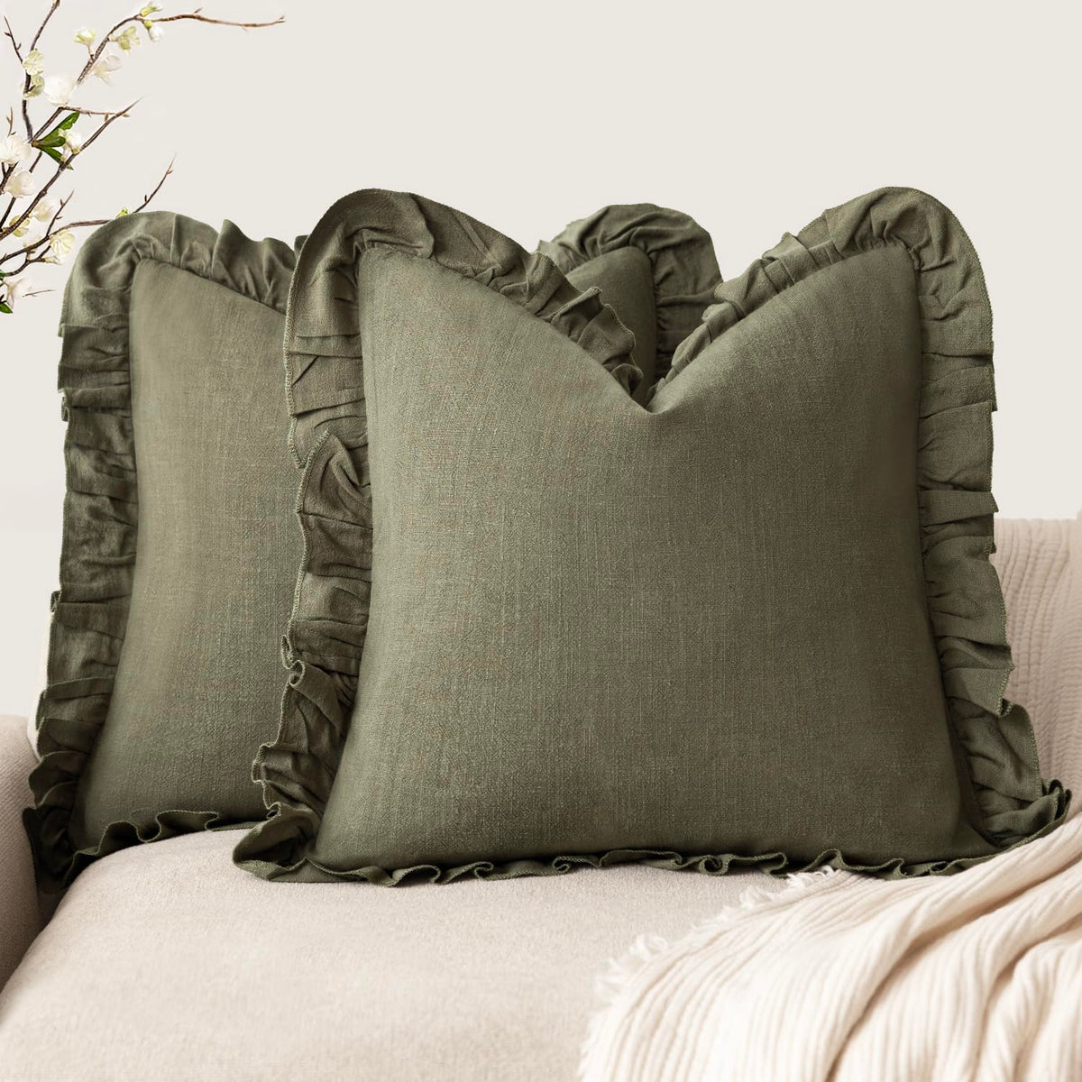 Foindtower Set of 2 Decorative Soild Fringe Ruffle Throw Pillow Covers Soft Boho Farmhouse Cushion Cover Cozy Accent Retro Pillowcase for Couch Sofa Bed Living Room Home Decor,20×20 Inch,Natural Beige
