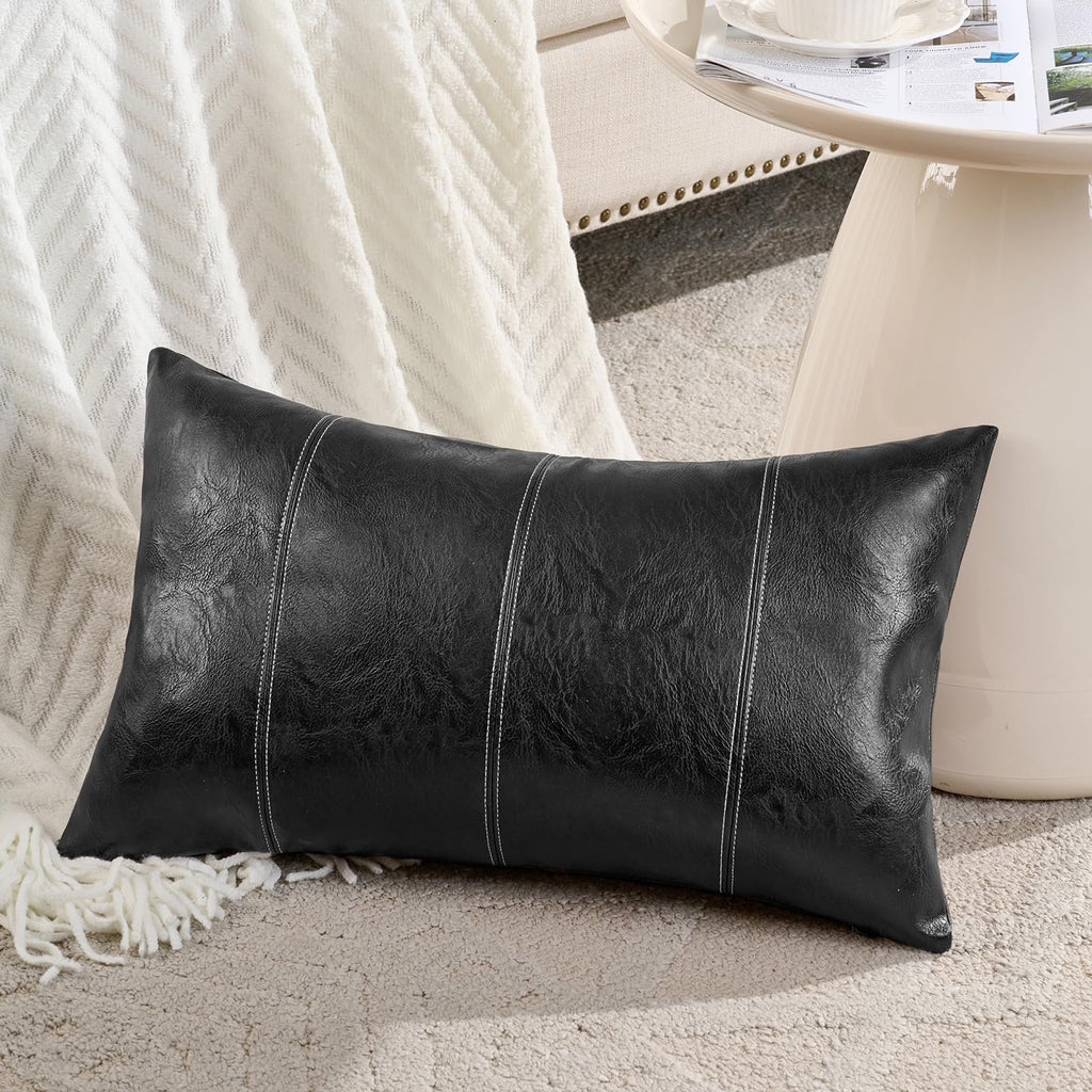 Fancy Homi Brown Boho Long Lumbar Faux Leather Body Decorative Throw Pillow Cover 14x36 Inch for Bedroom Couch Bed Sofa Bench, Hand Stitched Stylish Pillowcase, Rustic Modern Farmhouse Room Decor