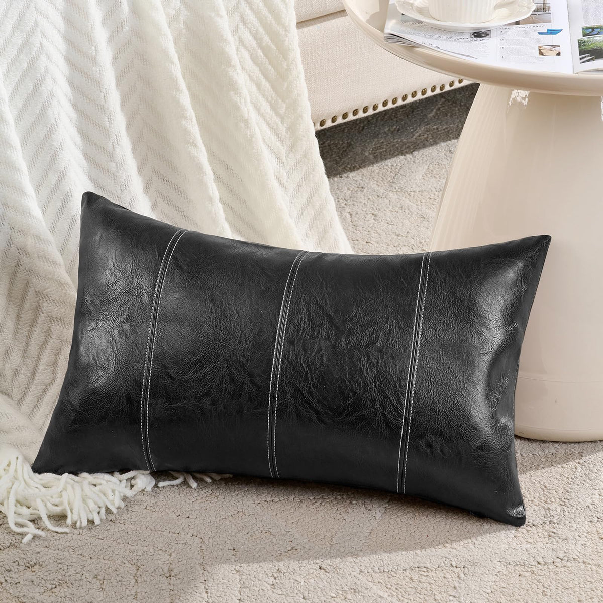 Fancy Homi Brown Boho Long Lumbar Faux Leather Body Decorative Throw Pillow Cover 14x36 Inch for Bedroom Couch Bed Sofa Bench, Hand Stitched Stylish Pillowcase, Rustic Modern Farmhouse Room Decor
