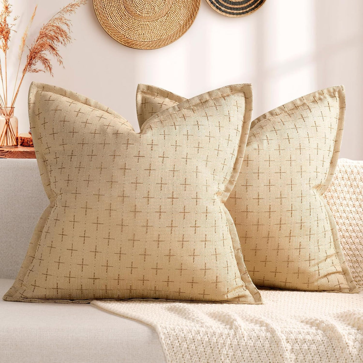ZWJD Fall Pillow Covers 20x20 Set of 2 Soft Polyester Textured Rust Pillow Covers with Stylish Flange Edge Cozy Farmhouse Throw Pillows for Couch Bed Sofa Living Room Fall Decor