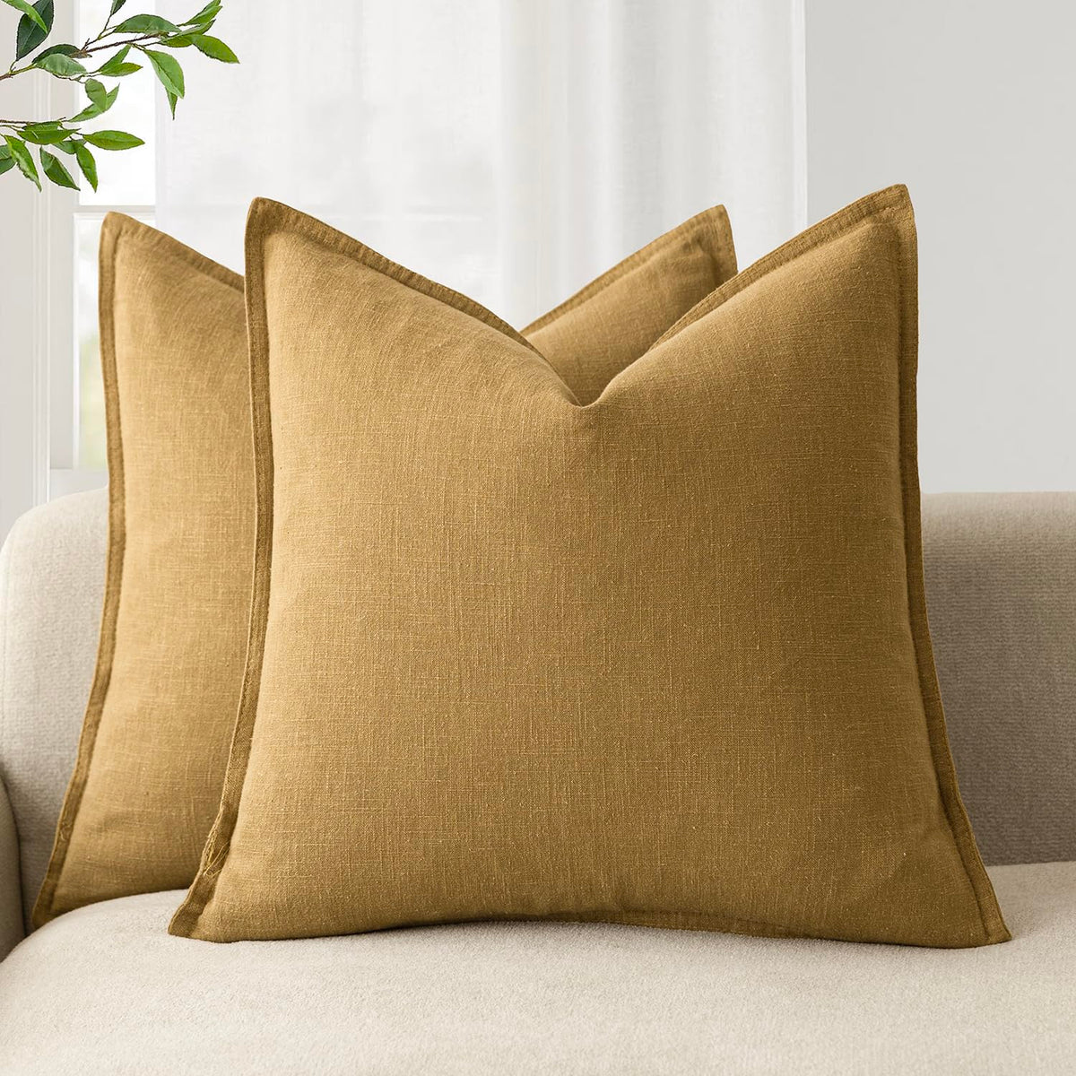 Foindtower Linen Solid Decorative Throw Pillow Covers 20x20 Natural Beige