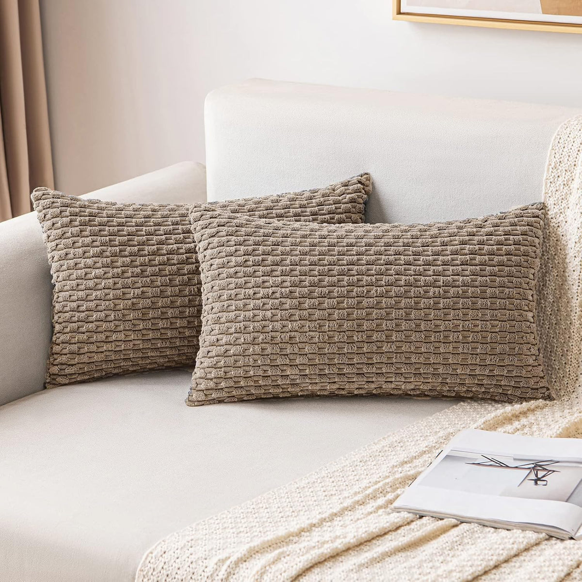 MIULEE Decorative Throw Pillow Covers 20x20 Cream White Textured Corduroy