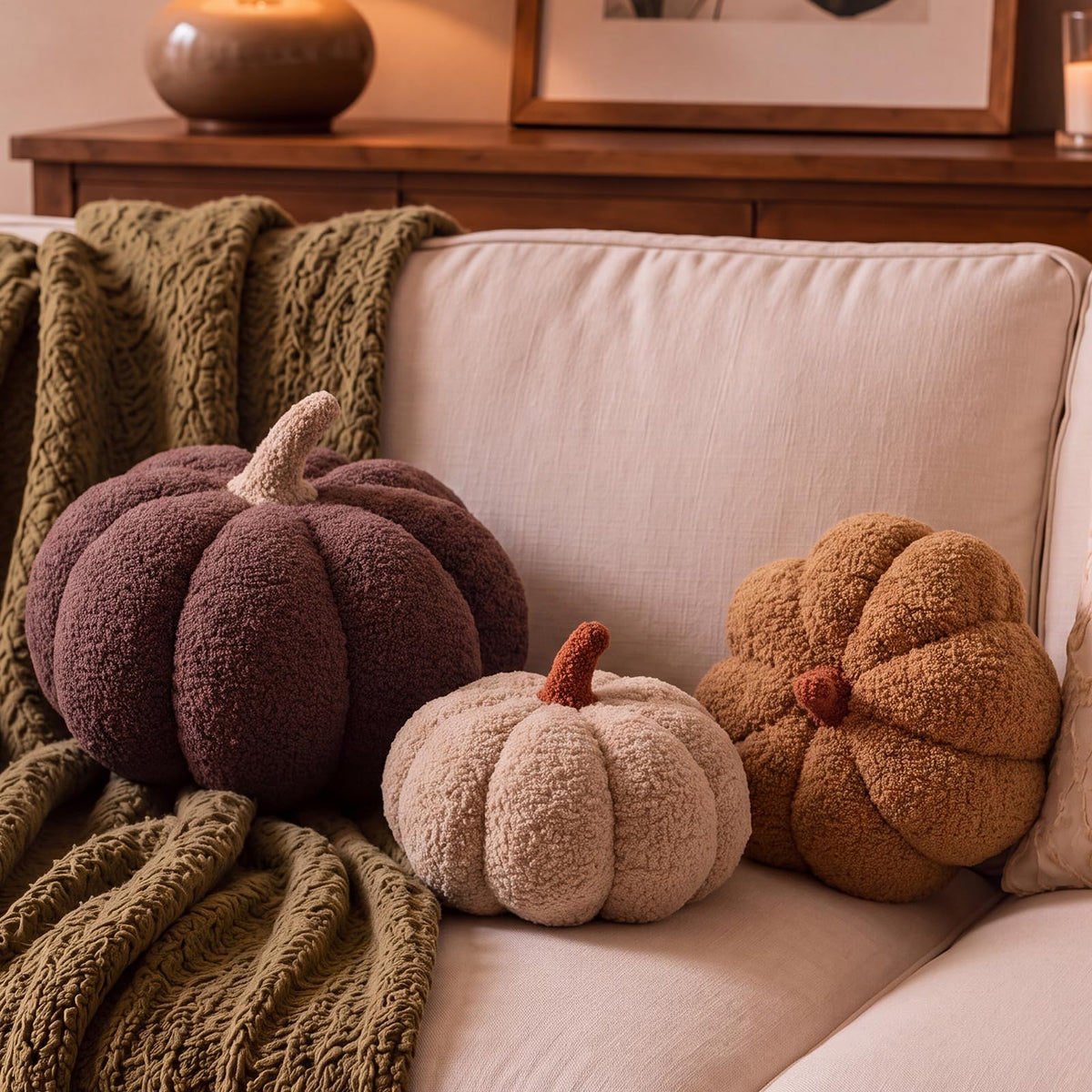 Juexica 3 Pcs Stuffed Pumpkin Pillows Fall Decor Cushions,Cool Neutral