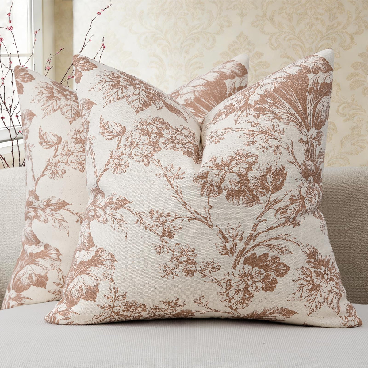 Buenohuas Farmhouse Decorative Pillow Covers 18x18 Set of 2, Vintage Botanical Floral Patterned Cushion Covers for Sofa Couch Chair Bed Living Room Home Decor Accents, Olive Green