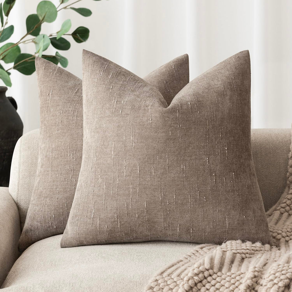 Foindtower Solid Textured Chenille Throw Pillow Covers 20x20 Inch,Taupe