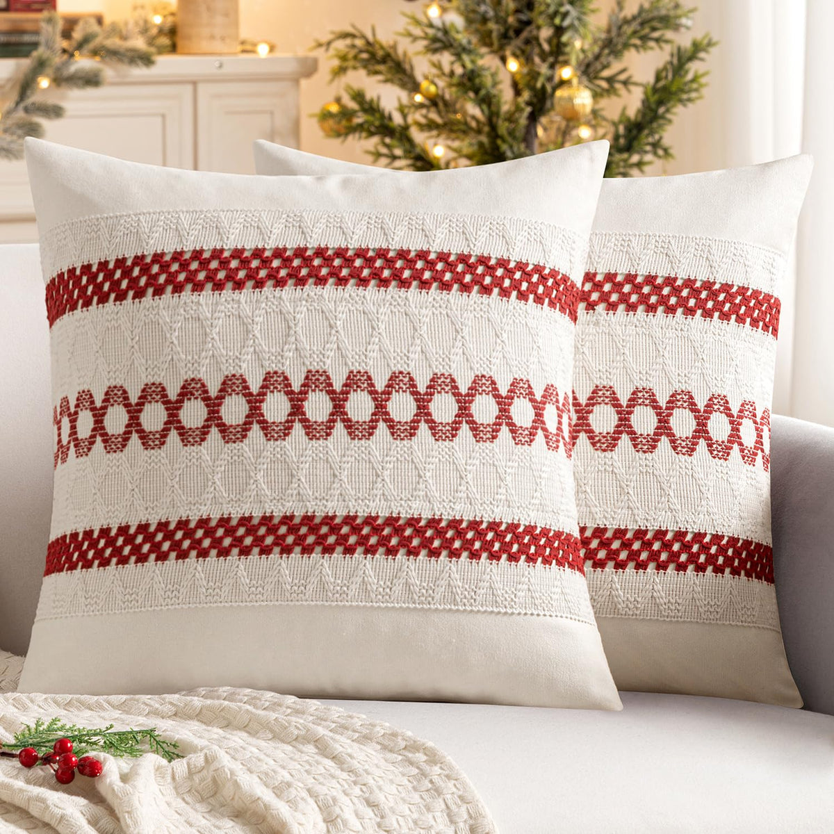 MIULEE Set of 2 Sage Green Boho Decorative Pillow Covers 18x18 Inch