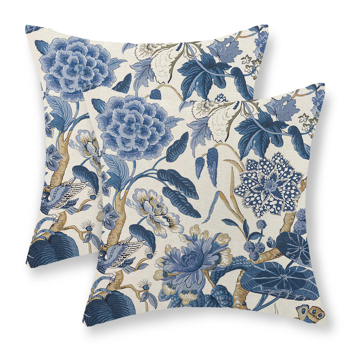 Chinoiserie Pillow Covers 18x18 Set of 2 Blue Green Bird Floral Throw Pillows Vintage Blue Flowers Decorations Outdoor Pillowcase Chinoiserie Decor Farmhouse Linen Cushion Case for Couch Home