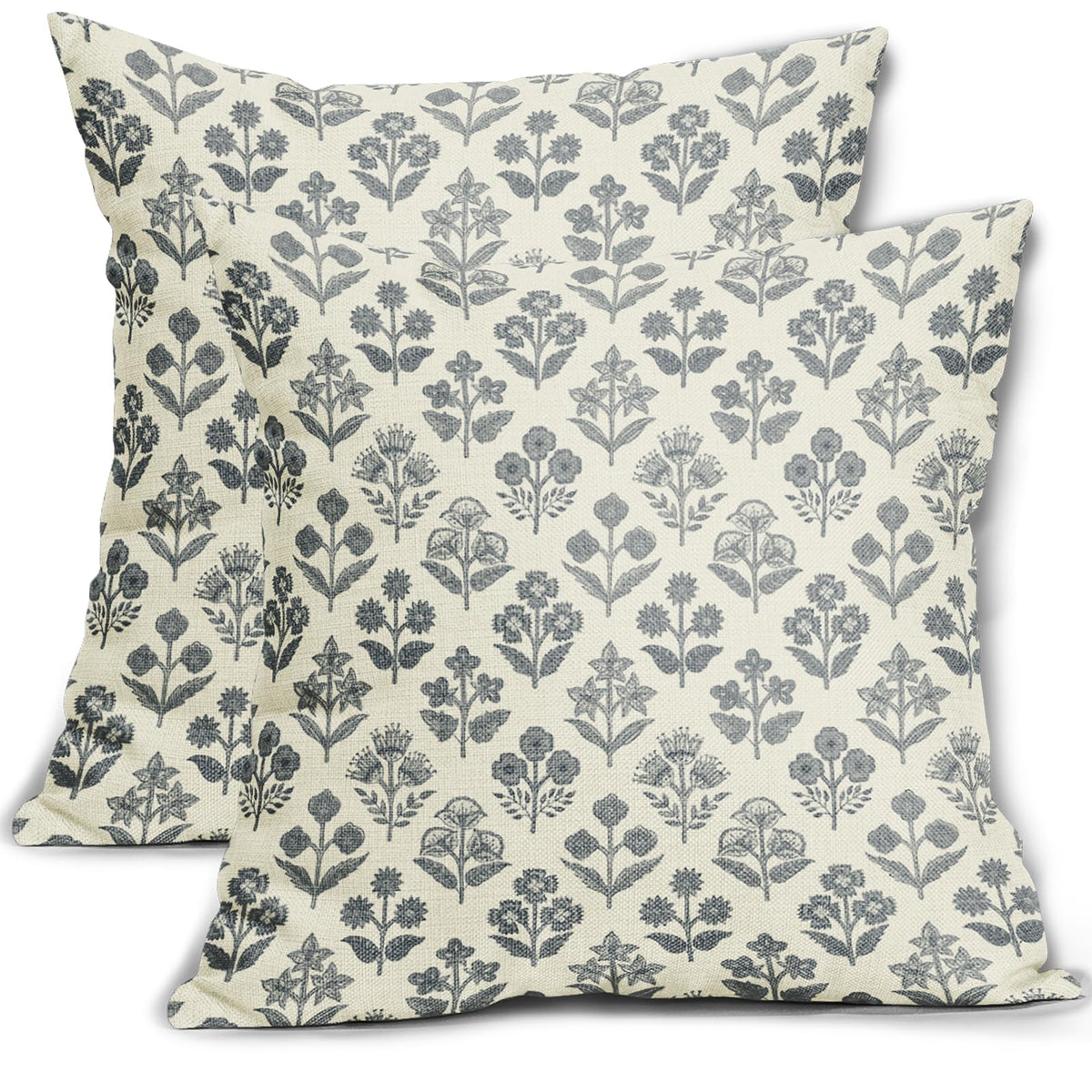 Blue Green Block Print Pillow Covers 18x18 Inch Set of 2, Vintage Floral Spring Decorative Throw Pillow Cases Boho Cushion Covers Rustic Decoration Gift Farmhouse Sofa Couch Bed Decor