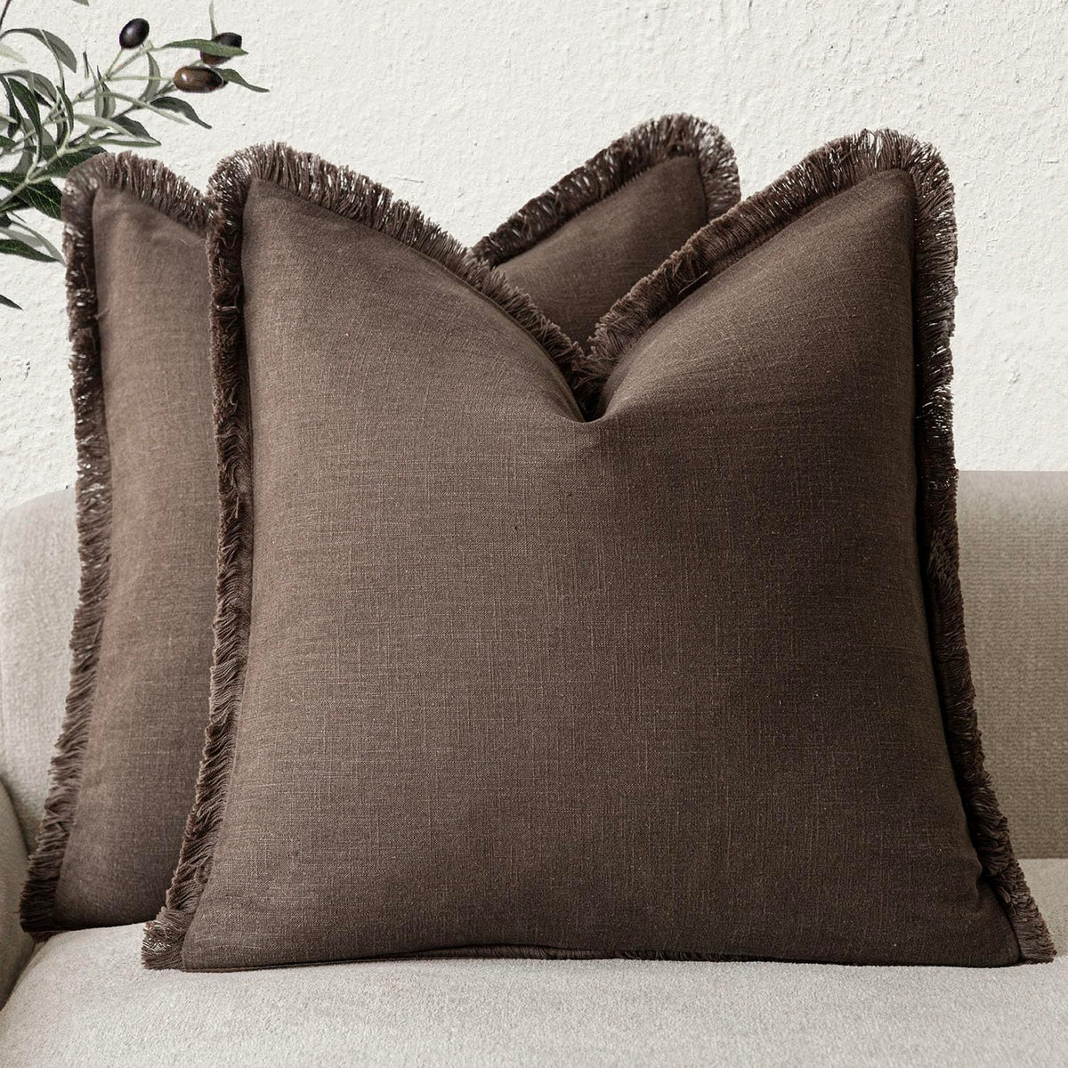 Foindtower Decorative Linen Fringe Throw Pillow Covers 18×18 Olive Green