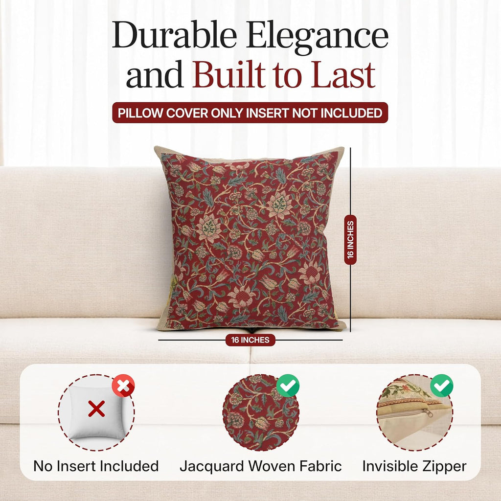 William Morris Fleurs de Morris Red Tapestry Throw Pillow Cover 16 x 16 in