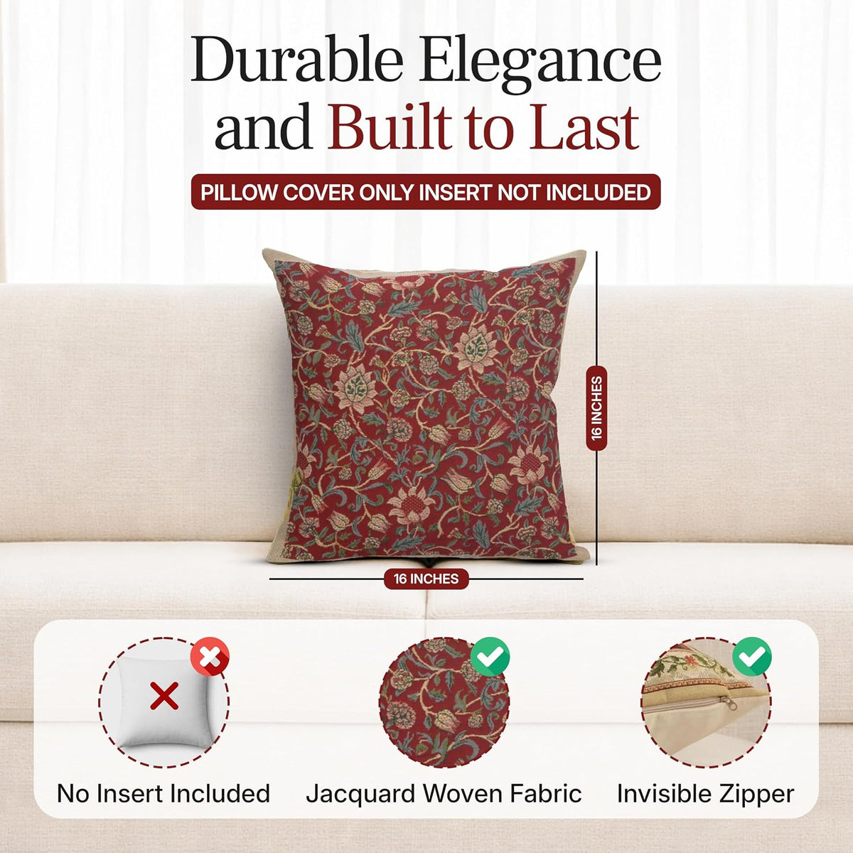William Morris Fleurs de Morris Red Tapestry Throw Pillow Cover 16 x 16 in