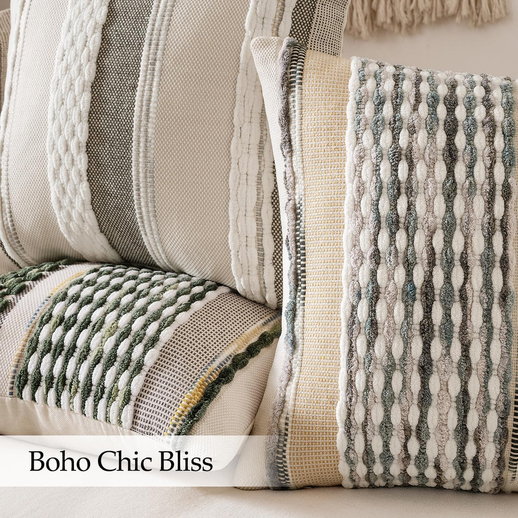 ANRODUO Boho Decorative Pillow Covers Olive Green Stripe 18x18 Pack of 2