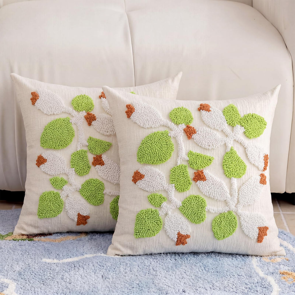 Premium Chenille Embroidered Throw Pillow Covers 18x18 Set of 2, Thick 3D Tufted Pink Floral Decorative Cushion Covers with Hidden Zipper for Couch Sofa Bed Living Room Boho Home Decor