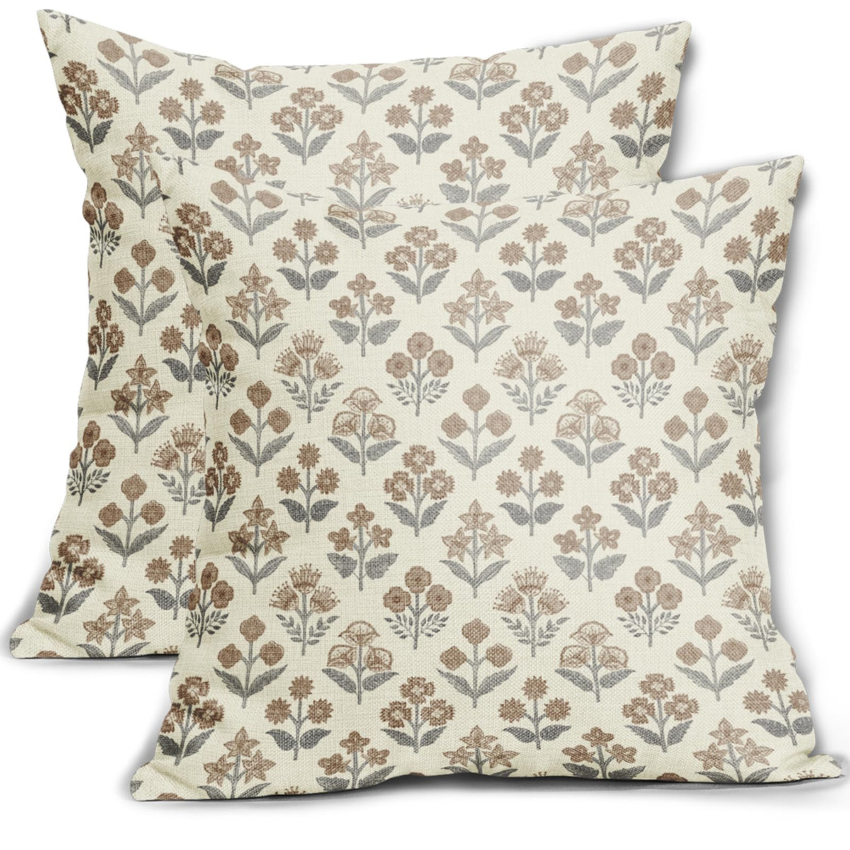 Blue Green Block Print Pillow Covers 18x18 Inch Set of 2, Vintage Floral Spring Decorative Throw Pillow Cases Boho Cushion Covers Rustic Decoration Gift Farmhouse Sofa Couch Bed Decor