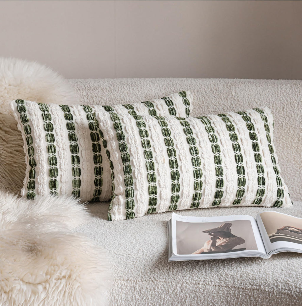 Caflife Beige Striped Chenille Boho Throw Pillow Covers 18x18 Inch Set of 2