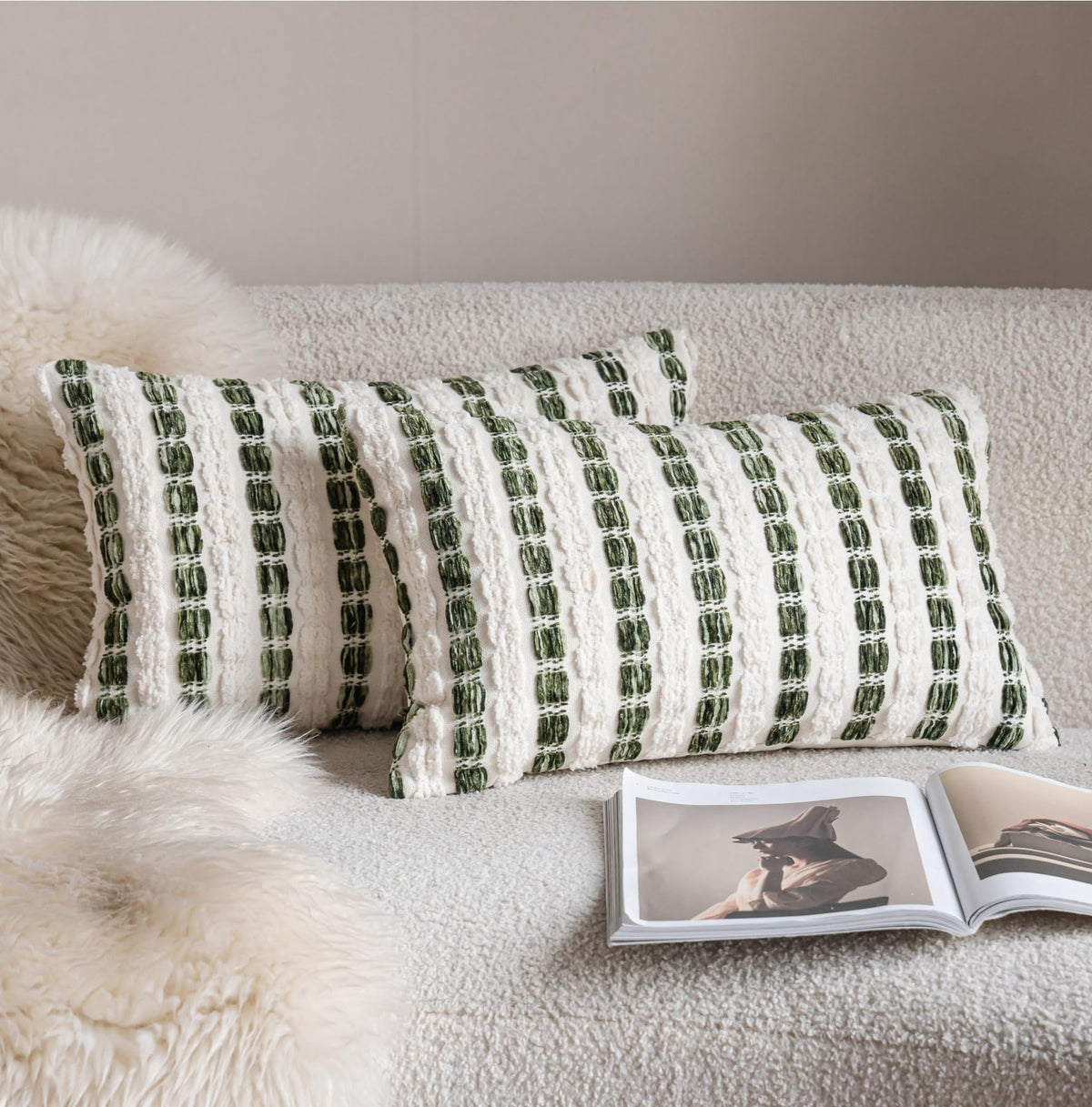 Caflife Beige Striped Chenille Boho Throw Pillow Covers 18x18 Inch Set of 2