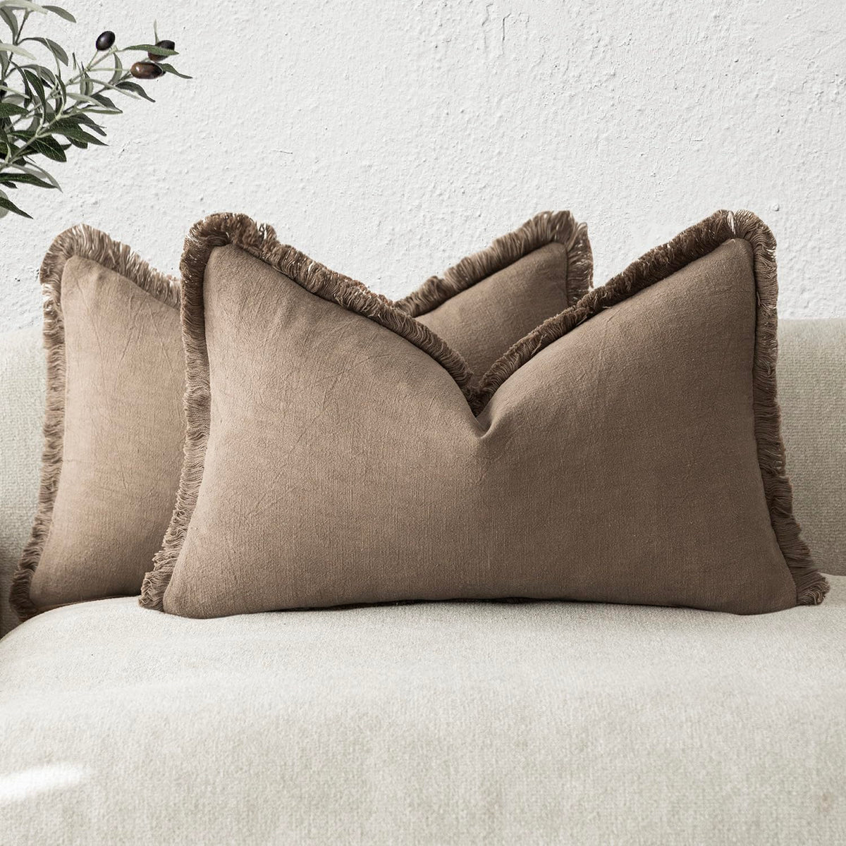 Foindtower Decorative Linen Fringe Throw Pillow Covers 20×20 Inch,Beige