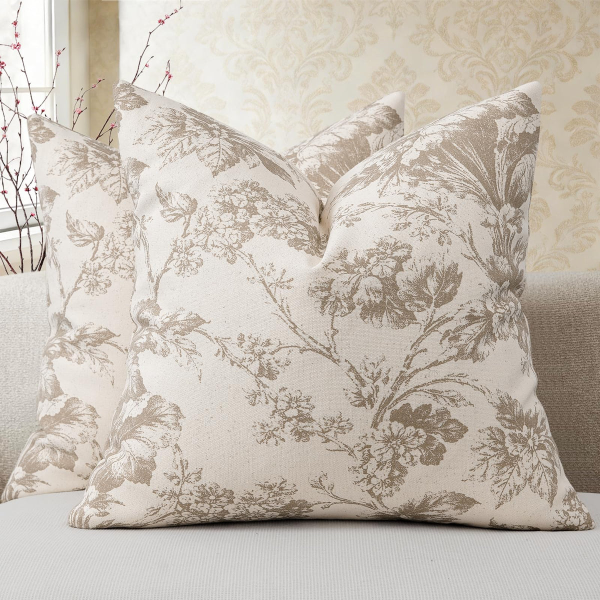 Buenohuas Farmhouse Decorative Pillow Covers 18x18 Set of 2, Vintage Botanical Floral Patterned Cushion Covers for Sofa Couch Chair Bed Living Room Home Decor Accents, Olive Green