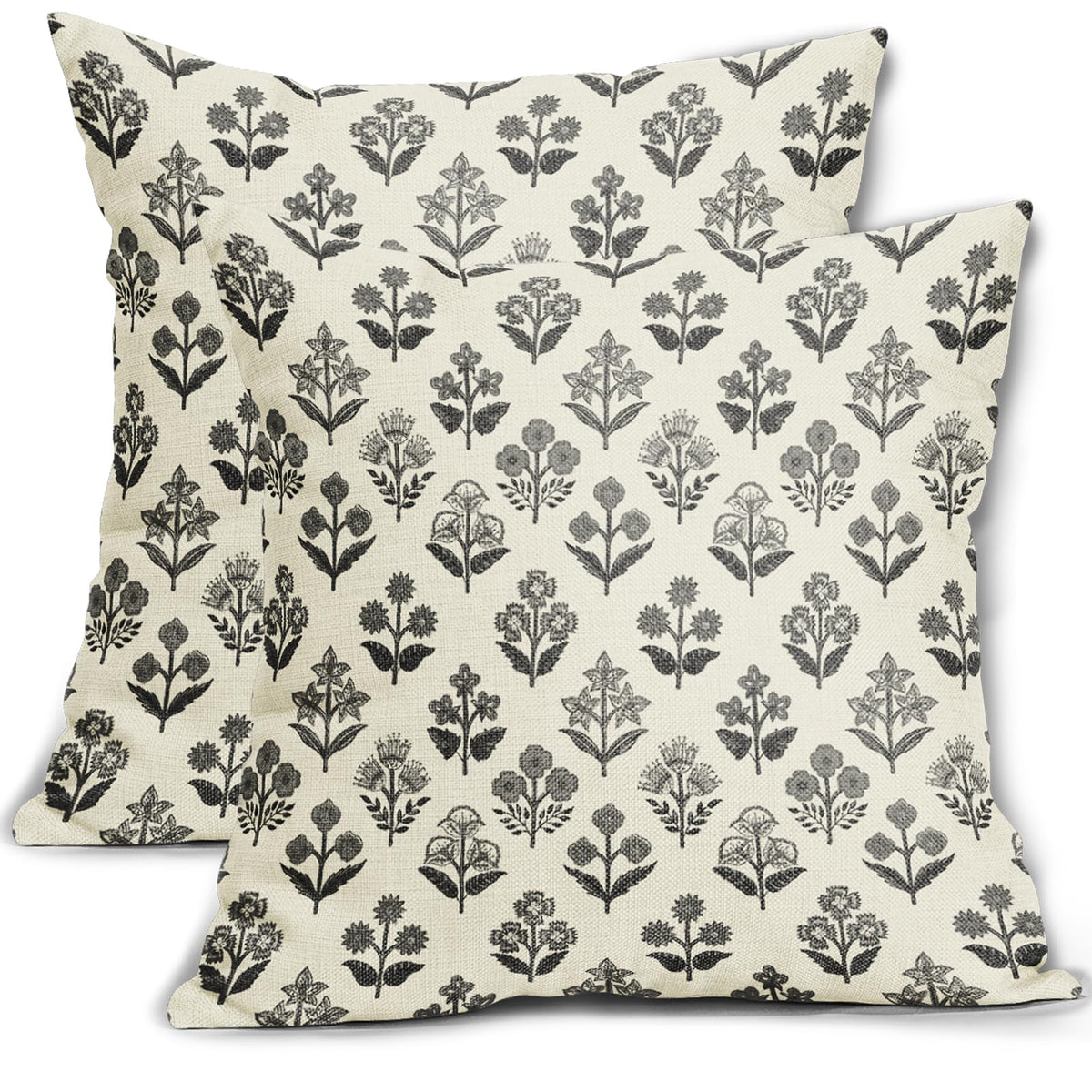 Blue Green Block Print Pillow Covers 18x18 Inch Set of 2, Vintage Floral Spring Decorative Throw Pillow Cases Boho Cushion Covers Rustic Decoration Gift Farmhouse Sofa Couch Bed Decor