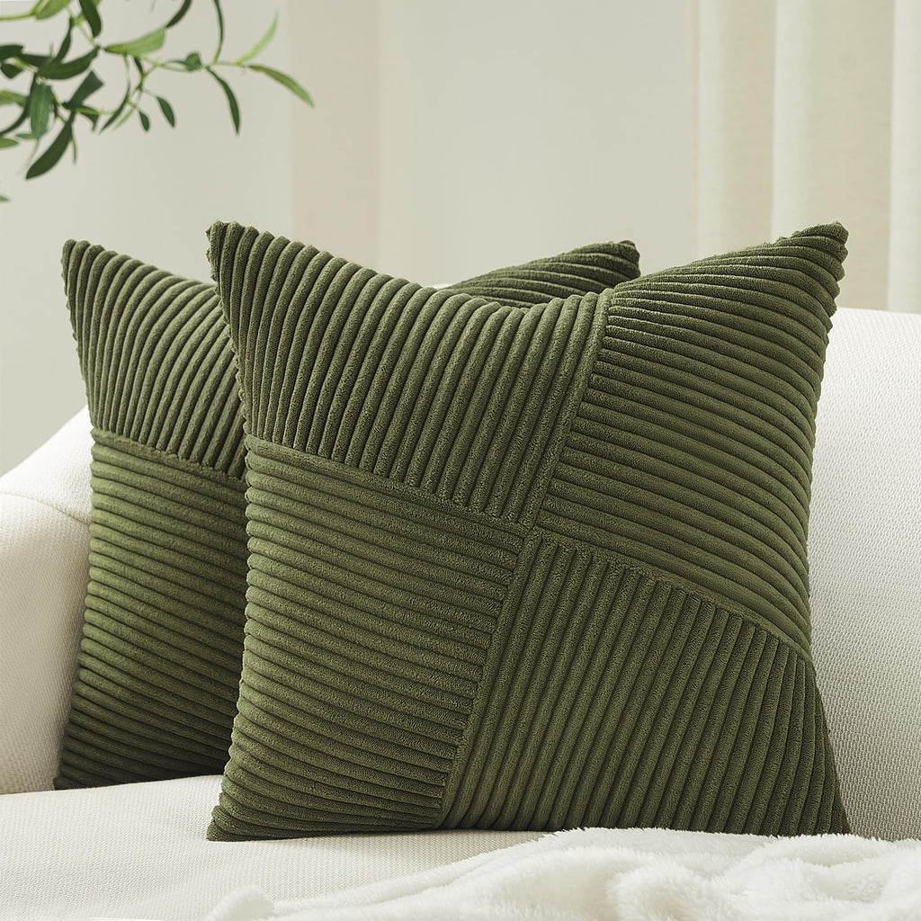 Topfinel Olive Green Decorative Throw Pillow Covers Set of 2 18x18 Inches for Couch Bed Sofa, Boho Aesthetic Home Decor, Soft Corduroy Striped Patchwork Windmill Textured Cushion Cases 45x45 cm