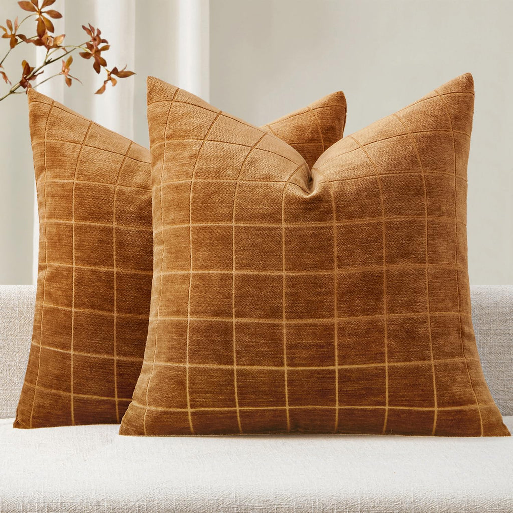 MIULEE Taupe Grey Plaid Decorative Fall Throw Pillow Covers 20x20 Set of 2