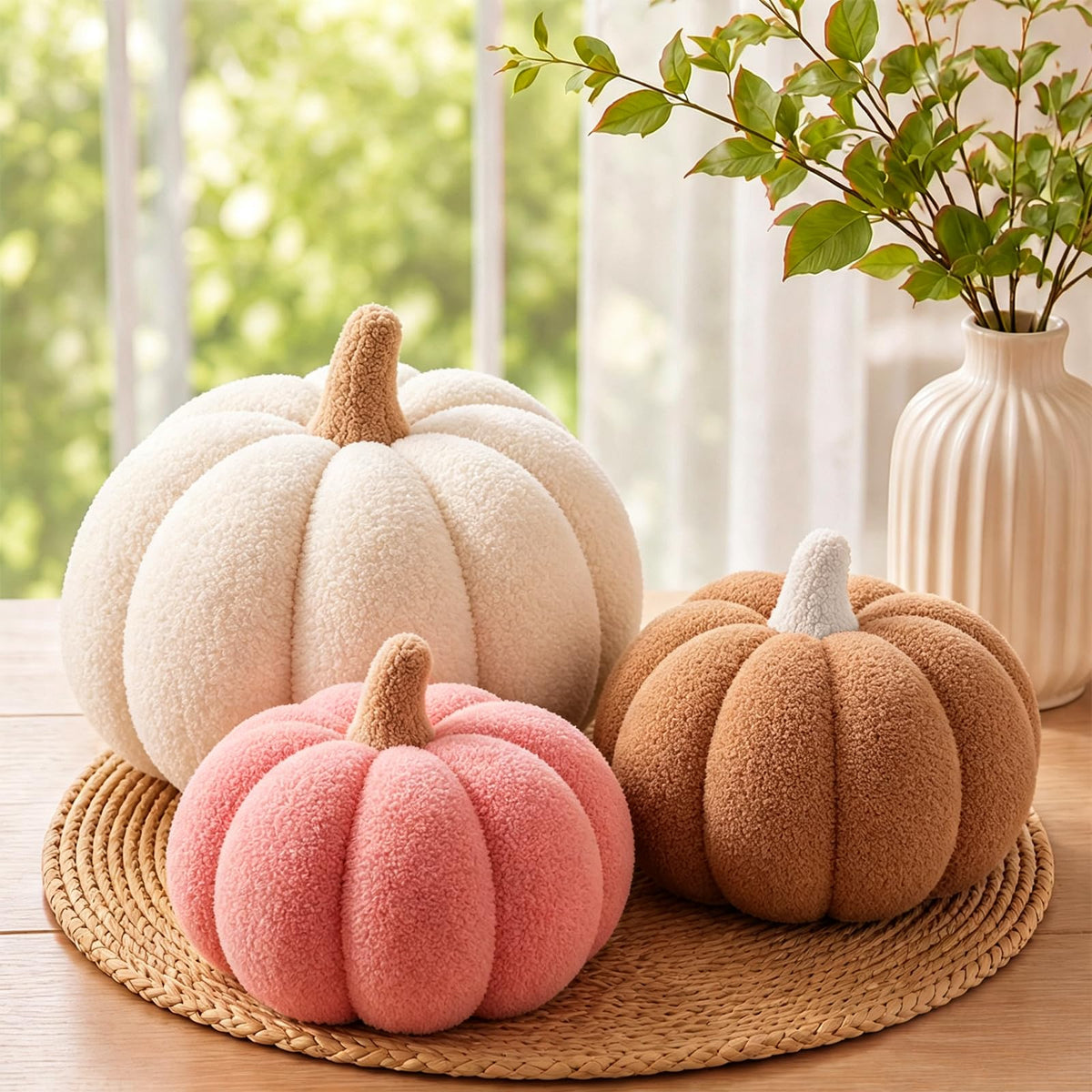 Juexica 3 Pcs Stuffed Pumpkin Pillows Fall Decor Cushions,Cool Neutral