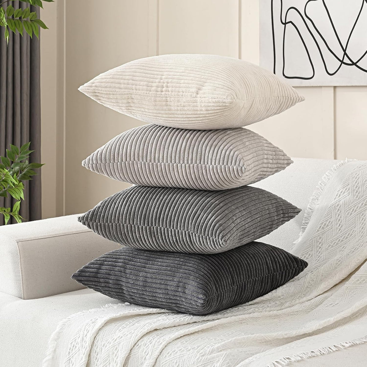 Volcanics Set of 4 Neutral Grey Corduroy Couch Throw Pillow Covers 18x18 in