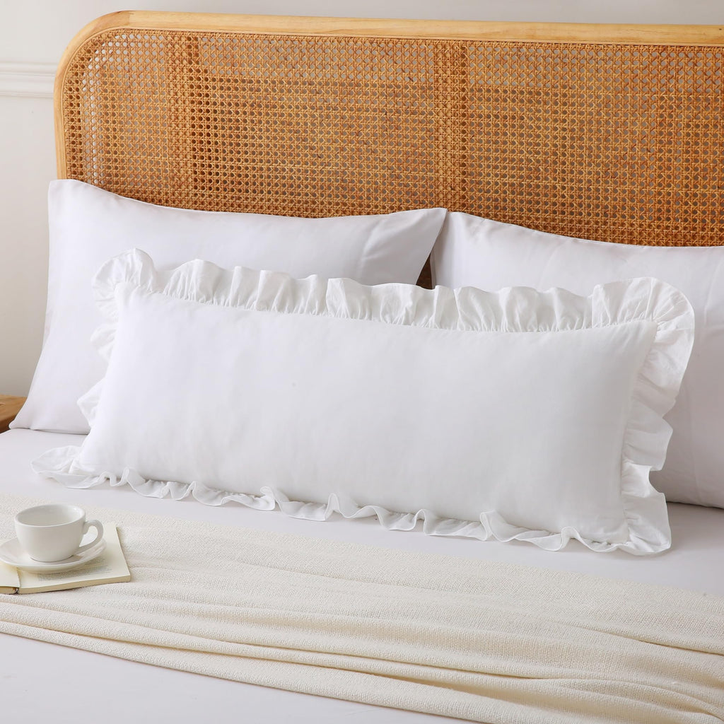 Gingham Throw Pillow Covers 18x18, Warm Taupe/White, Ruffle Trim